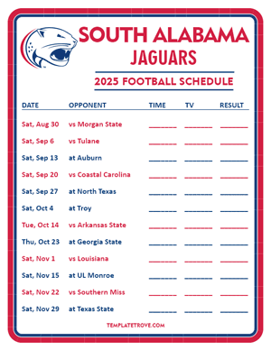 South Alabama Jaguars Football 2025
 Printable Schedule - Style 3