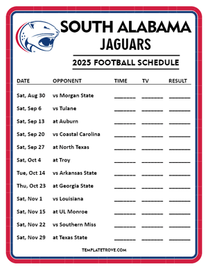 South Alabama Jaguars Football 2025
 Printable Schedule - Style 4