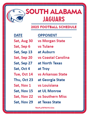 South Alabama Jaguars Football 2025
 Printable Schedule