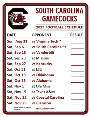 South Carolina Gamecocks Football 2025
 Printable Schedule  - Style 2