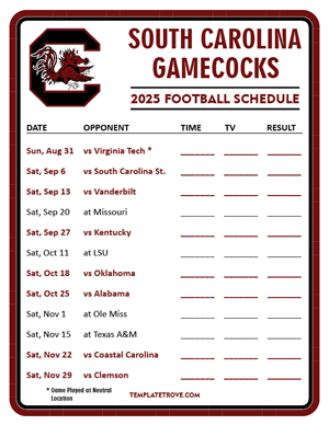 South Carolina Gamecocks Football 2025
 Printable Schedule - Style 3