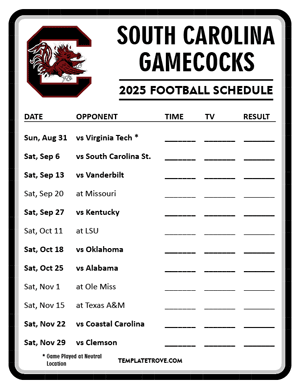 South Carolina Gamecocks Football 2025
 Printable Schedule - Style 4