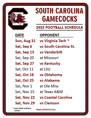 South Carolina Gamecocks Football 2025
 Printable Schedule