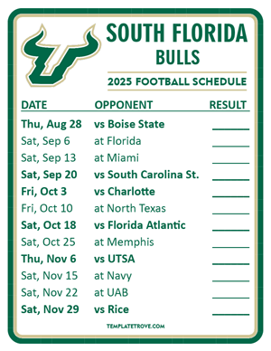 South Florida Bulls Football 2025
 Printable Schedule  - Style 2