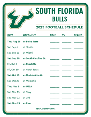 South Florida Bulls Football 2025
 Printable Schedule - Style 3