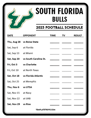 South Florida Bulls Football 2025
 Printable Schedule - Style 4