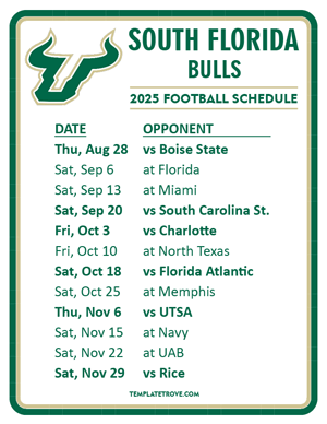 South Florida Bulls Football 2025
 Printable Schedule