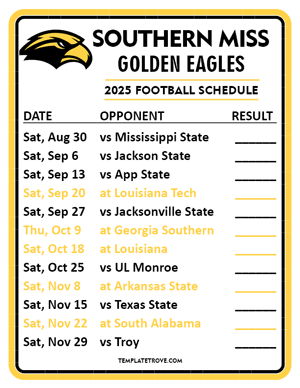 Southern Miss Golden Eagles Football 2025
 Printable Schedule  - Style 2