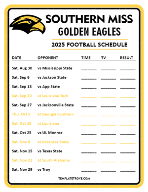 Southern Miss Golden Eagles Football 2025
 Printable Schedule - Style 3