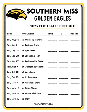 Southern Miss Golden Eagles Football 2025
 Printable Schedule - Style 4