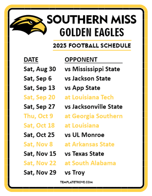 Southern Miss Golden Eagles Football 2025
 Printable Schedule