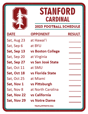 Stanford Cardinal Football 2025
 Printable Schedule  - Style 2