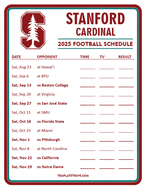 Stanford Cardinal Football 2025
 Printable Schedule - Style 3