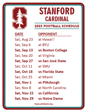 Stanford Cardinal Football 2025
 Printable Schedule