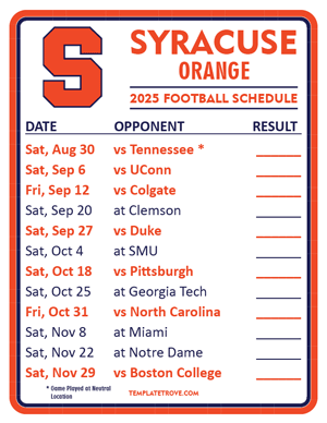 Syracuse Orange Football 2025
 Printable Schedule  - Style 2