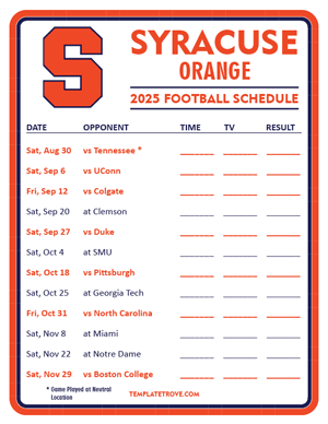 Syracuse Orange Football 2025
 Printable Schedule - Style 3