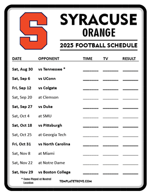 Syracuse Orange Football 2025
 Printable Schedule - Style 4