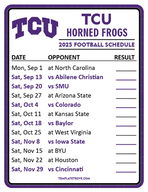 TCU Horned Frogs Football 2025
 Printable Schedule  - Style 2