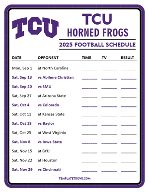 TCU Horned Frogs Football 2025
 Printable Schedule - Style 3