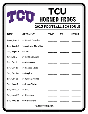 TCU Horned Frogs Football 2025
 Printable Schedule - Style 4
