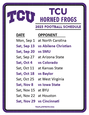 TCU Horned Frogs Football 2025
 Printable Schedule