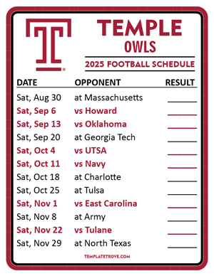 Temple Owls Football 2025
 Printable Schedule  - Style 2