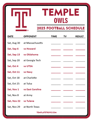 Temple Owls Football 2025
 Printable Schedule - Style 3