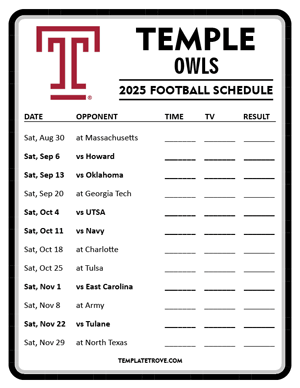 Temple Owls Football 2025
 Printable Schedule - Style 4