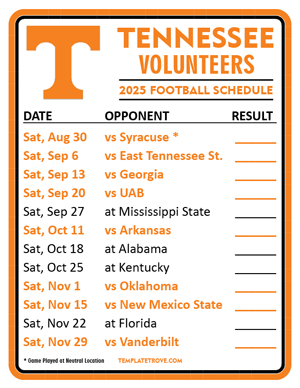 Tennessee Volunteers Football 2025
 Printable Schedule  - Style 2