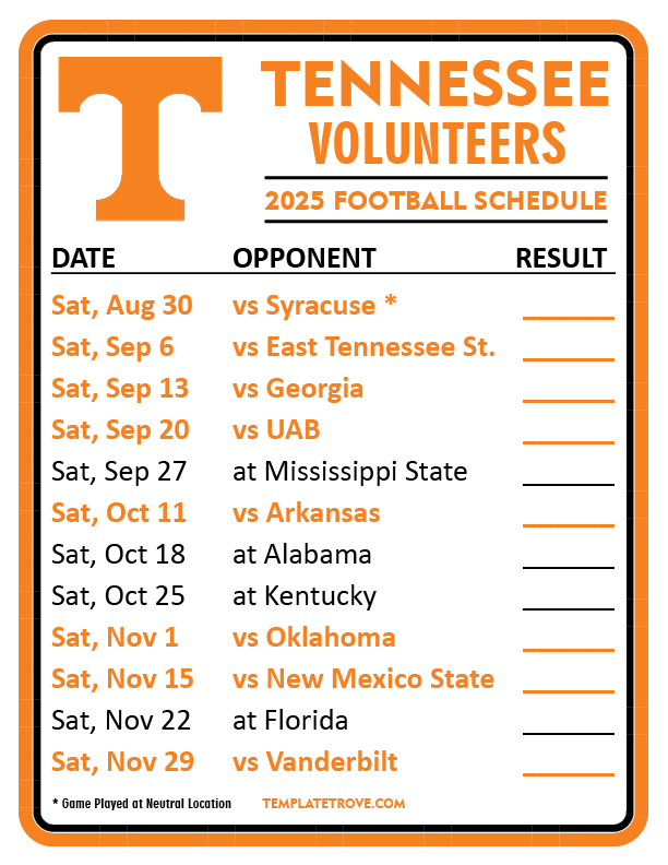 Printable 2025 Tennessee Volunteers Football Schedule