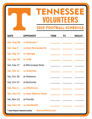 Tennessee Volunteers Football 2025
 Printable Schedule - Style 3