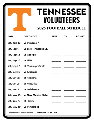 Tennessee Volunteers Football 2025
 Printable Schedule - Style 4