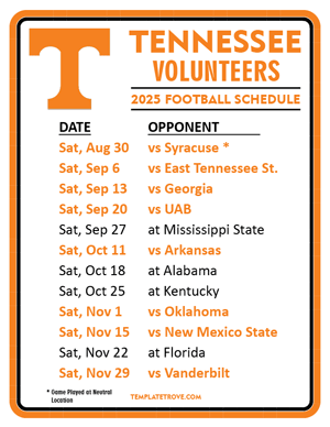 Tennessee Volunteers Football 2025
 Printable Schedule