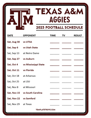 Texas A&M Aggies Football 2025
 Printable Schedule - Style 3