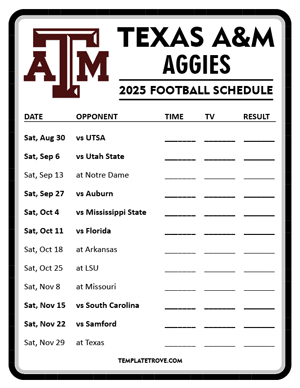 Texas A&M Aggies Football 2025
 Printable Schedule - Style 4