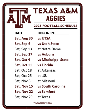 Texas A&M Aggies Football 2025
 Printable Schedule