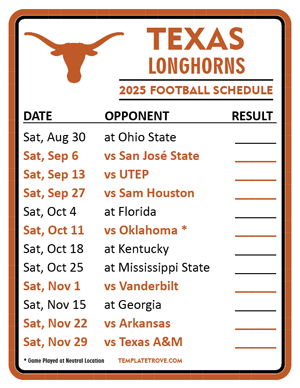 Texas Longhorns Football 2025
 Printable Schedule  - Style 2