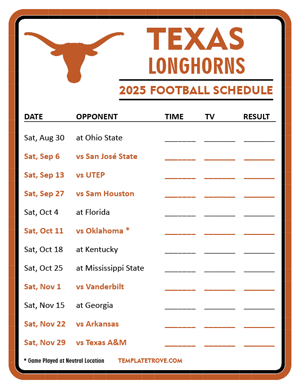 Texas Longhorns Football 2025
 Printable Schedule - Style 3