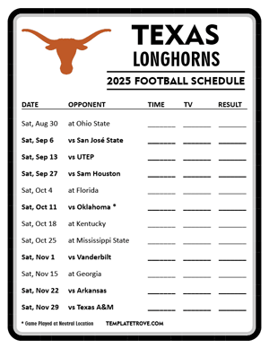 Texas Longhorns Football 2025
 Printable Schedule - Style 4