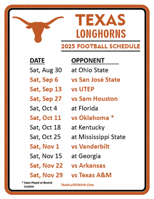Texas Longhorns Football 2025
 Printable Schedule