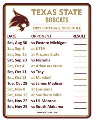 Texas State Bobcats Football 2025
 Printable Schedule  - Style 2