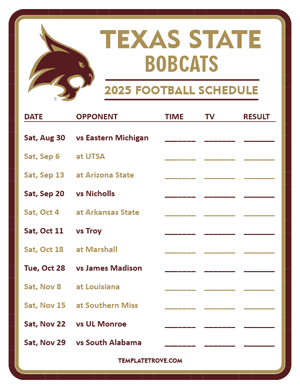 Texas State Bobcats Football 2025
 Printable Schedule - Style 3