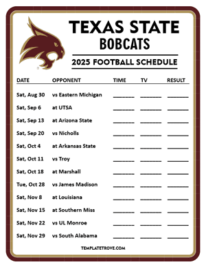 Texas State Bobcats Football 2025
 Printable Schedule - Style 4
