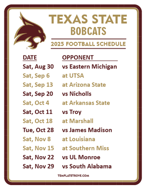 Texas State Bobcats Football 2025
 Printable Schedule