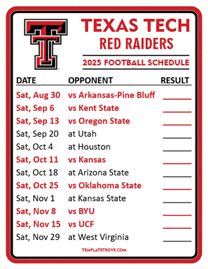 Texas Tech Red Raiders Football 2025
 Printable Schedule  - Style 2