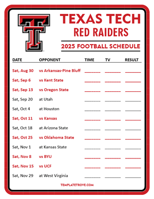 Texas Tech Red Raiders Football 2025
 Printable Schedule - Style 3