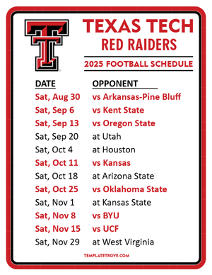 Texas Tech Red Raiders Football 2025
 Printable Schedule