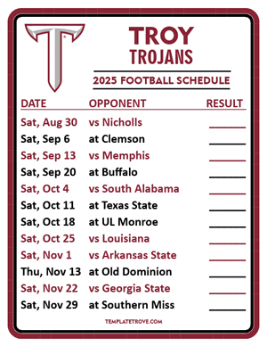 Troy Trojans Football 2025
 Printable Schedule  - Style 2