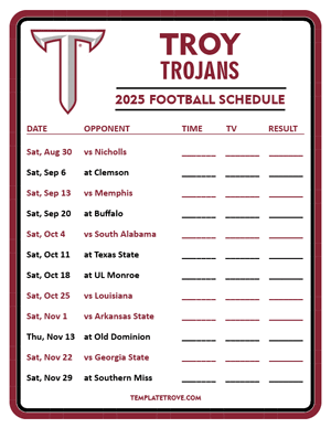 Troy Trojans Football 2025
 Printable Schedule - Style 3