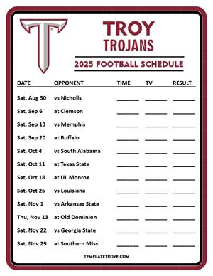 Troy Trojans Football 2025
 Printable Schedule - Style 4